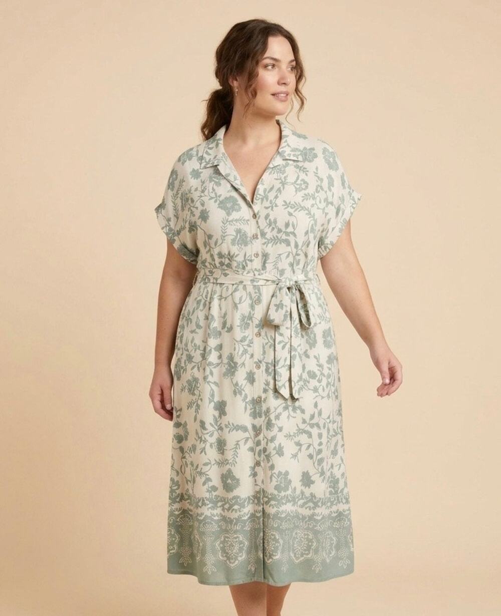 Lucky Brand Women’s Border Floral Print Button Front Shirt Midi Dress‎ 1X Boho